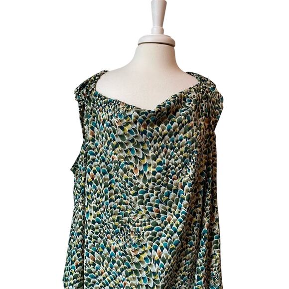 NWOT Artsy Colorful Peacock Cold shoulder Bell 3/4 Sleeve Asymmetrical Blouse 3X - Picture 5 of 11